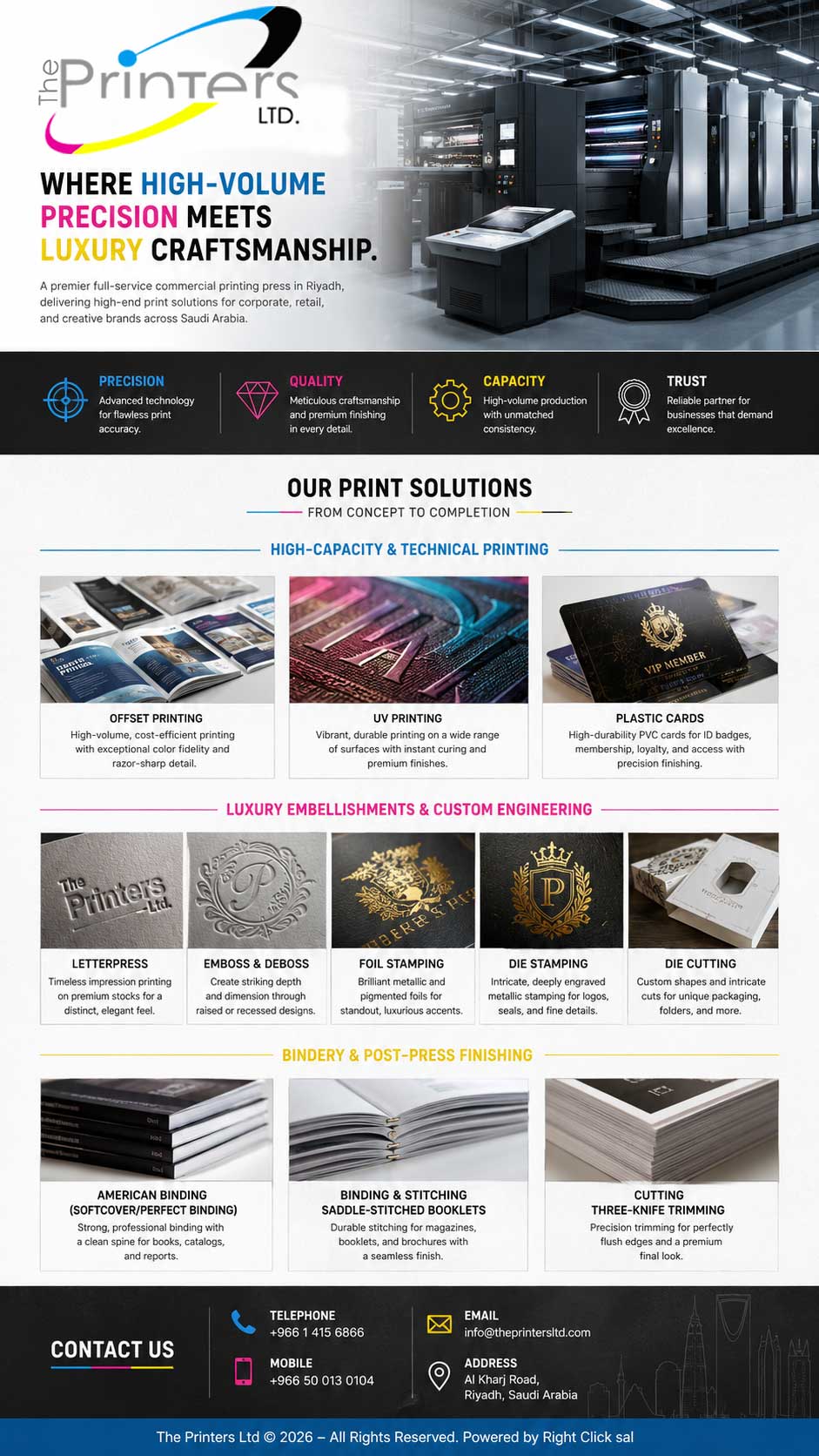 The Printers Ltd — premier commercial printing press in Riyadh offering offset printing, UV printing, plastic cards, letterpress, foil stamping, die stamping, die cutting, and bindery finishing